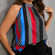 Polyester Blouses Shein Plus Women Polka Dot Print Patchwork Open Shoulder Blouse