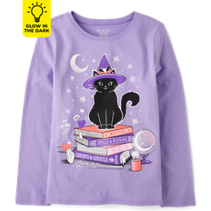 Children's Clothing The Children's Place Girls Glow Cat Witch Graphic T-Shirt Lilac Rose 100% Cotton