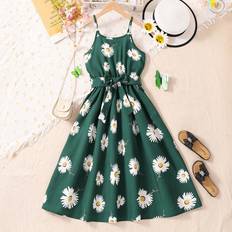 High Collar Dresses Children's Clothing Shein Tween Girl Flower Printed Spaghetti Strap Dress
