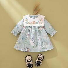 1-3M Dresses Shein Baby Girls Cute Rabbit Print Long Sleeve Dress SpringSummer