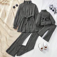 6-9M Other Sets Shein Baby Girl Autumn Winter Casual And Simple ParentChild Outfit Mommy And Me Knitted Solid Color Long Sleeve Top With Belt And Flared Long Sleeve Suit W