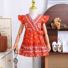 M Dresses Shein Baby Girls VintageInspired Ditsy Floral Cap Sleeve Beach Dress With VNeckline Loose Fit And Woven Fabric Perfect For European American And Southeast