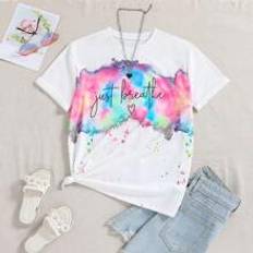 Children's Clothing Shein Teen Girls Slogan Heart Print Round Neck Short Sleeve TShirt