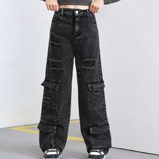 Children's Clothing Shein Girls Fashionable Distressed Denim Cargo Pants