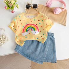 Children's Clothing Shein pcs Back To School Girls Casual Cute Round Neck Polka Dot Rainbow Print TShirt And Solid Color Denim Skirt Shorts Set Summer