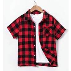 Röda Skjortor Barnkläder Shein Young Boy's Casual Holiday Red And Black Plaid Short Sleeve Shirt