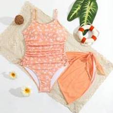 M Baddräkter Shein Tween Girl's Floral Printed Side Drawstring Strap One-Piece Swimsuit With Cover-Up Skirt For Holiday