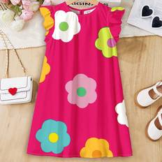 Children's Clothing Shein Young Girl Casual Simple Flower Printed Dress With Ruffled Hem Suitable For Summer