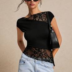 Shein Womens Summer Slim Fit Asymmetric Lace Short Sleeve TShirt With Hem Splicing And Flutter Design Coquette TShirt