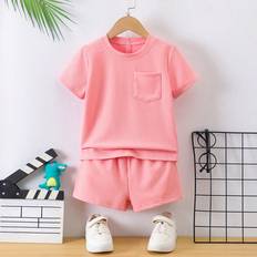 Shein Young Boy Summer Solid Color Round Neck Short Sleeve Pocket TShirt And Shorts Casual Piece Outfit