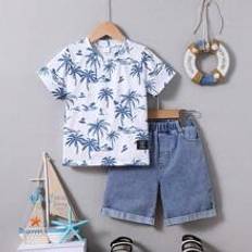 Vita Övriga sets Shein Young Boys" Summer Holiday Coconut Tree Pattern Printed Short Sleeve T-Shirt And Denim Shorts Set