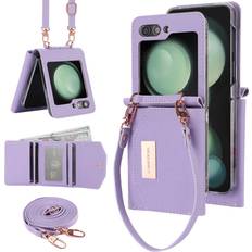 Purple Wallet Cases XIMAND for Samsung Galaxy Z Flip 5 Wallet Case with Built-in Leather Cash Slot Credit Card Holder. Wristlet Strap Hinge Protection, Carrying Handbag Phone Case for Women Ladies.Purple