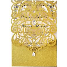 Hosmsua 50pcs blank wedding invitation cards 5 x 7.3 inch gold laser cut holl. Gold Glitter