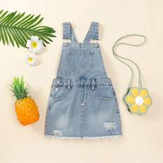 Shein Young Girl Washed Ripped Raw Hem Short Denim Dress For Summer
