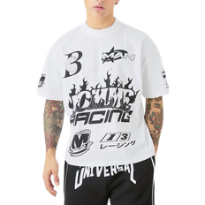 White graphic tees boohooMAN Oversized Boxy Extended Neck Homme Moto Graphic T-shirt - White