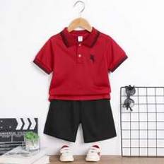 Röda Pikétröjor Barnkläder Shein Young Boy Solid Color Striped Polo Shirt With Front Button