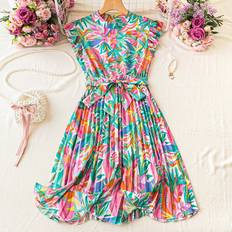 Shein Floral Printed Mini Stand Collar Pleated ALine Vacation Dress With Cinched Waist