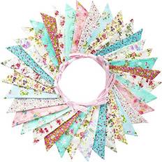 36PCS Large Fabric Bunting Banner, 10M Double Sided Cotton Triangle Flag Garland-17x19CM Two Layer Blue and Purple Floral Pennants for Wedding