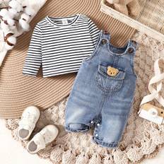 3-6M Other Sets Shein Baby Boys Striped Printed Long Sleeve Top And Denim Overalls Set