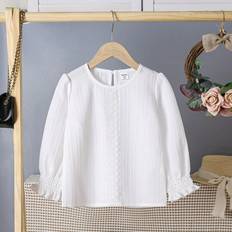 Cheap Blouses & Tunics Children's Clothing Shein Girls Casual White Round Collar Floral Hem Long Sleeve Blouse Fashionable SpringFall New Tops