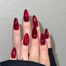 Shein pcsSet YK Aesthetic BloodRed Crystal Cat Eye Press On Nails Long Almond Eye Acrylic False 24-pack