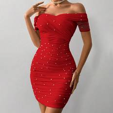 XXL Dresses Shein Women Open Shoulder Short Sleeve Beaded Bodycon Mini Dress