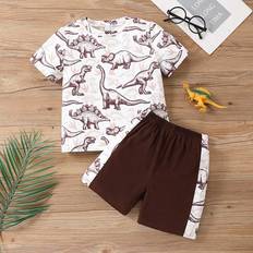 Cheap Other Sets Shein pcs Young Boy Casual Dinosaur Print Round Neck Short Sleeve TShirt And Patchwork Shorts Set Summer Suitable For Sports Leisure Daily Wear Travel And