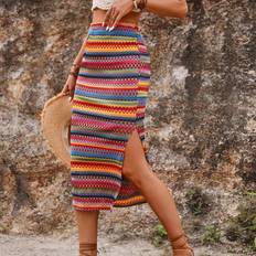 Multicoloured Skirts Shein Women Holiday Geometric Printed Side Slit Skirt With Asymmetrical Hem