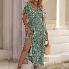 Shein Plus Ditsy Floral VNeck High Slit Dress With Drawstring Waist For Vacation And Leisure