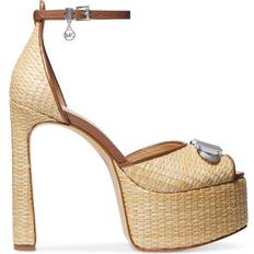 Beige - Women Heels & Pumps Michael Kors Martina Straw Peep-Toe Platform - Natural/Luggage