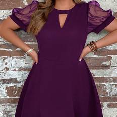 18/20/22/24/26/28/30 - Purple Dresses Shein Plus Solid Color Mesh Panel Hollow Out Short Sleeve Casual Dress