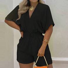 Yellow Jumpsuits & Overalls Shein Casual V Neck Bat Sleeve Short Sleeve Shorts Yellow Womens JumpsuitC