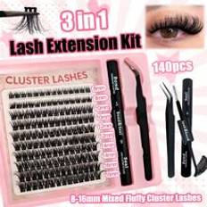 Shein 140 Pcs Fluffy DIY Lash Extension Kit 8-16mm Mixed Length Fluffy Individual Lashes Cluster Segmented Spikes C Curl Eyelash Extension Kit With Lash Bon