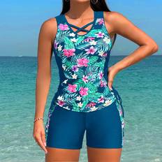 Shein Tankinis Shein Summer Beach Tropical Print Criss Cross Drawstring Side Tankini