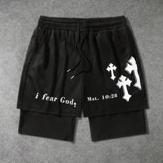 Adult - Ribbed Shorts Shein Mens Cross Printed Slogan Drawstring Waist DoubleLayer Versatile Casual Shorts