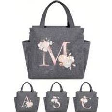 Shein 1PC Thermal Bag Double Pocket Lunch Box Bag Large Capacity Pink Flower Letter Print Students Meals Insulated Cooler Bag, Portable Travel Picnic Bag, T