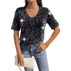 Sequins Tops Shein Privé Sequin Short Sleeve T-shirt For Women