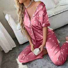 Silk Pajamas Shein Short Sleeve And Long Pants Pajama Set With Simulated Silk And Heart Print For HomeWearing