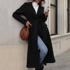 Fabric Coats Shein Womens Elegant Commuter Casual Turndown Collar Belted Long Sleeve Long Knitted Blend Coat