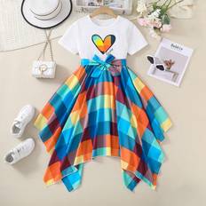 Dresses Shein Tween Girl Heart Printed Patchwork Plaid Asymmetrical Hem Short Sleeve Summer Dress