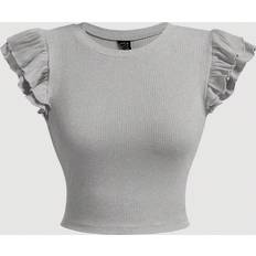 Shein Womens Round Neck Solid Color Frill Trim Summer TShirt