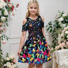 High Collar Dresses Children's Clothing Shein Tween Girls Round Neck Butterfly Printed Casual Dress With Cut Out Shoulder Design