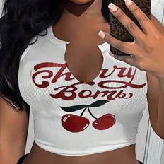 Fabric Tank Tops Shein Womens Summer Letter And Cherry Printed VNeck Casual Tank Top With Cutout