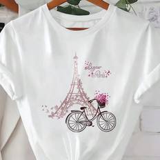 Shein Women Tops Shein Flower Eiffel Tower And Bicycle Printed Womens Casual Round Neck Short Sleeve TShirt