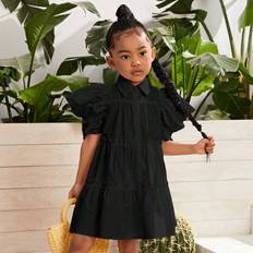 Dresses Shein Young Girl Woven Solid Color Elegant Ruffle Trim Puff Sleeve Casual Dress