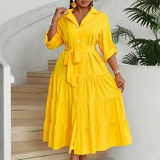 Dresses Shein Plus VNeck ButtonFront Long Sleeve Dress With Waist Tie Layered Ruffled Hemline Elegant And Charming