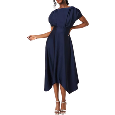 Coast Satin Pleat Shoulder Handkerchief Hem Midi Dress - Navy