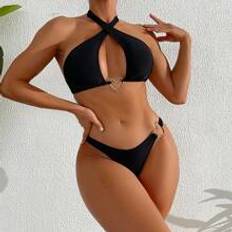 L Bikini Sets Shein Women Vacation Monochrome Bikini Set With Heart-Shaped Circle Linking And Halter Neckline