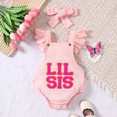 Girls - Red Bodysuits Shein Baby Girls Pieces Set Pink Bodysuit With Red Letter Embroidery Ruffled Hem Elegant Gorgeous Cute Suitable For Daily And Casual Wear In Summer