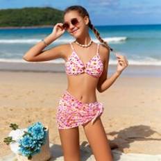 Gula Bikinis Barnkläder Shein Teen Girl Floral Print Ruffled Bikini With Knot Detail, 3pcs/Set